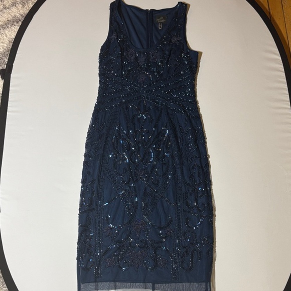 Adrianna Papell Midnight Blue Beaded Mid length Dress